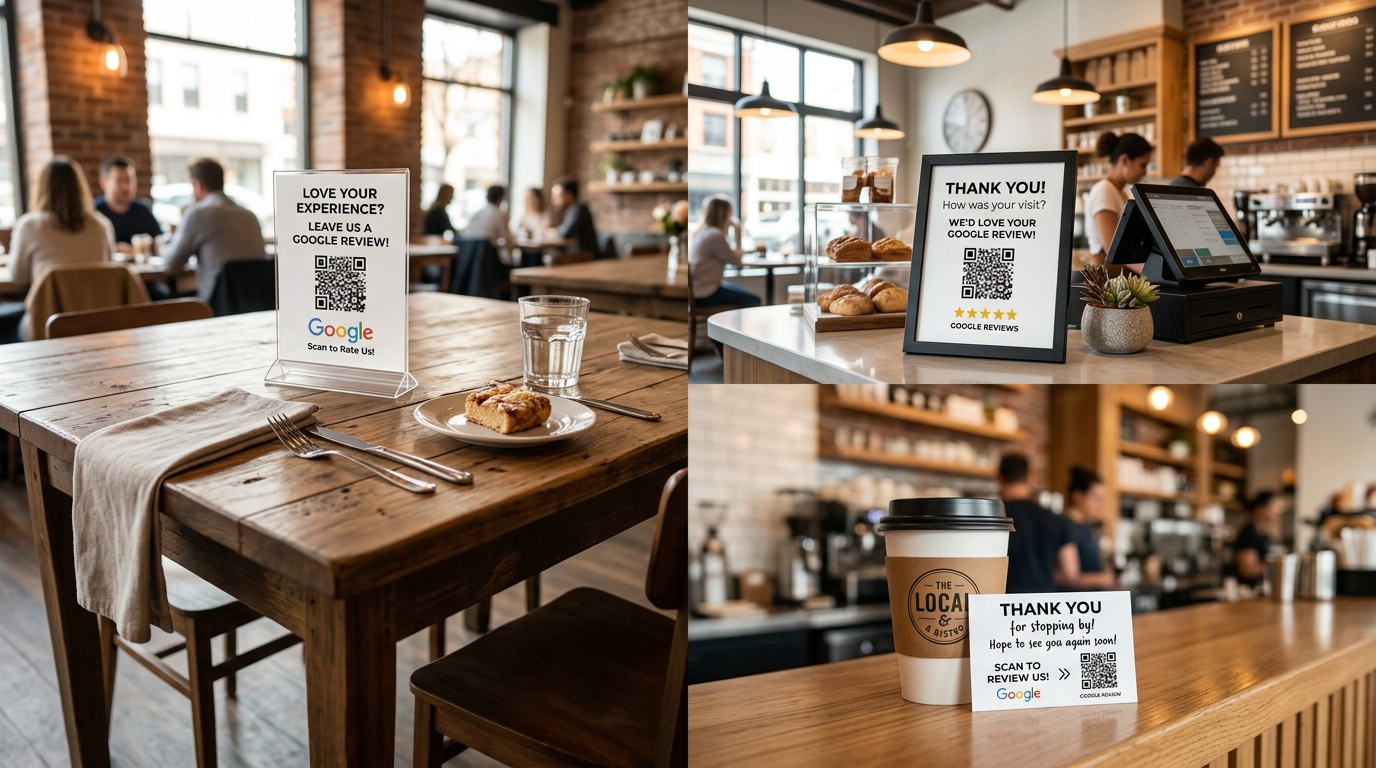 ตัวอย่างการนำป้าย QR Code รีวิว Google ไปติดตั้งบนโต๊ะอาหาร เคาน์เตอร์คิดเงิน และการ์ดขอบคุณ